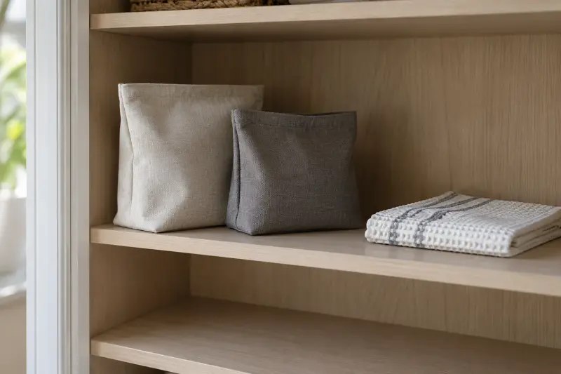 Dos bolsas de tela y un paño doblado en un estante seco