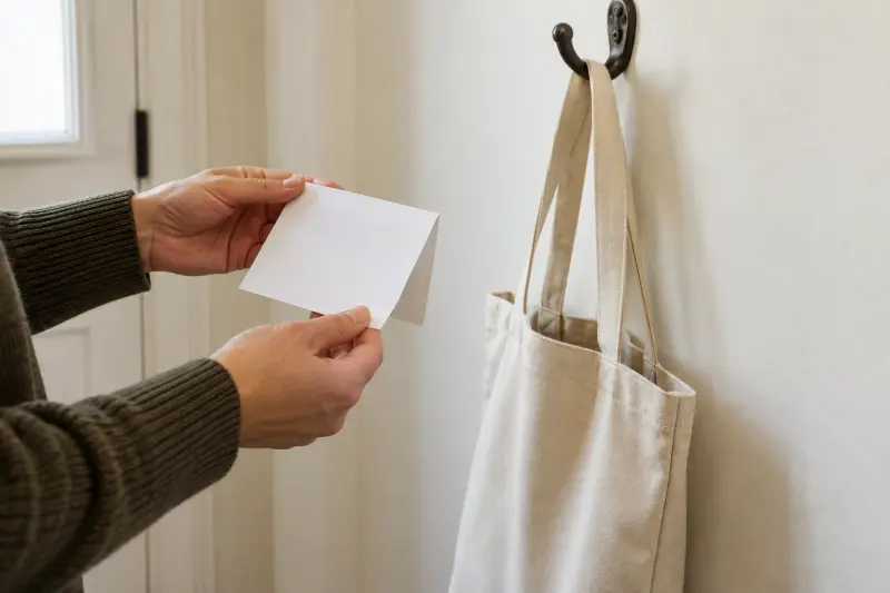 Des mains tiennent une note pliée vierge près d’un sac en tissu accroché à un crochet