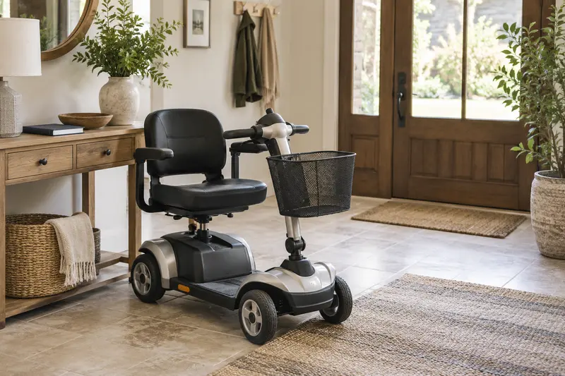 Illustrative unbranded mobility scooter with an empty front basket in a domestic entryway.