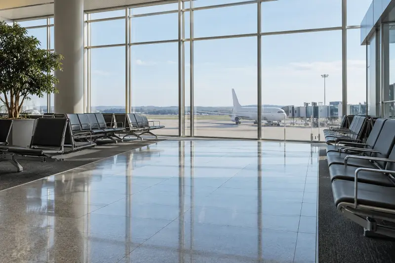 Illustrative quiet airport lounge with a distant aircraft beyond the windows.