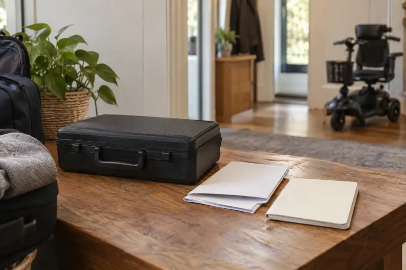 Illustrative closed equipment case and blank papers with a distant empty scooter.