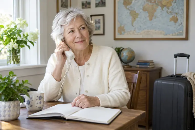 Illustrative telephone enquiry beside a blank notebook and closed suitcase.