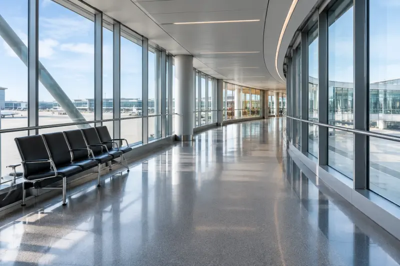 Illustrative quiet airport corridor leading toward another concourse.
