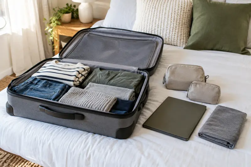Illustrative open suitcase with folded clothes and separate plain pouches and folder.