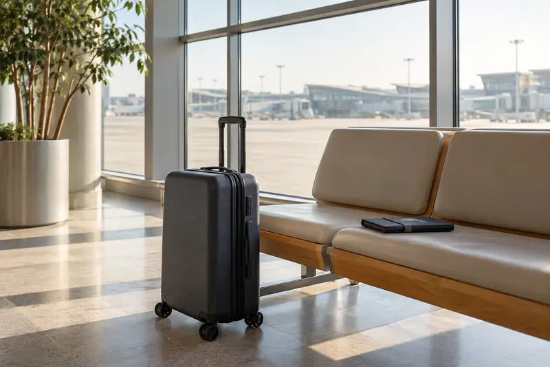 Illustrative plain suitcase and closed travel folder beside an airport window.