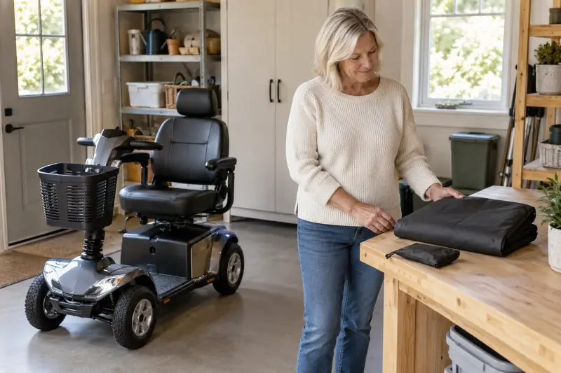 Illustrative photograph of a folded cover and pouch on an indoor bench beside a parked mobility scooter.