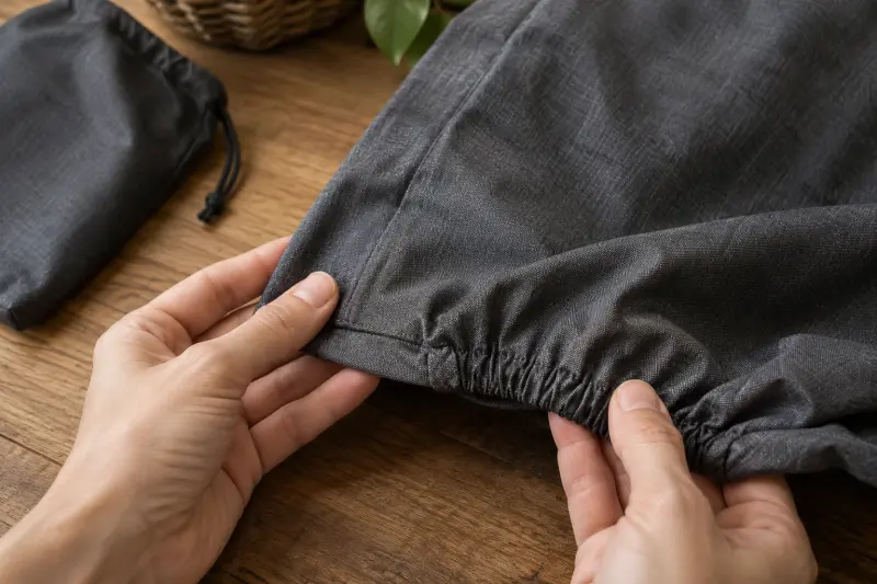 Illustrative close-up photograph of hands holding the seam and elastic edge of a plain fabric cover.