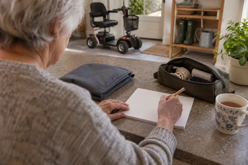 Illustrative photograph of a person preparing blank notes beside a folded cover, with a parked mobility scooter beyond.