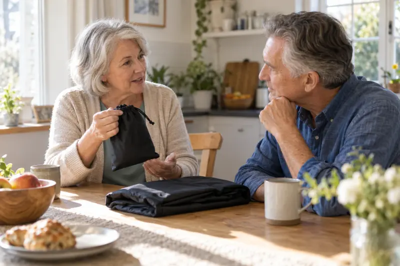 Illustrative photograph of two adults discussing a plain storage pouch and folded fabric cover at a kitchen table.