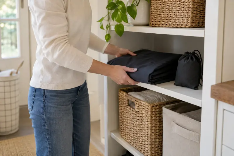 Illustrative photograph of a folded fabric cover and plain pouch being stored on an indoor shelf.