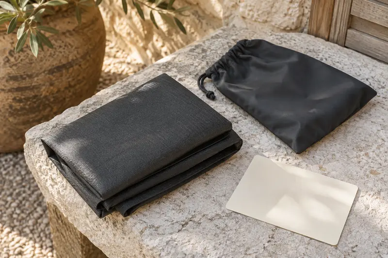 Illustrative folded cover fabric and an empty storage sack beside a blank card.