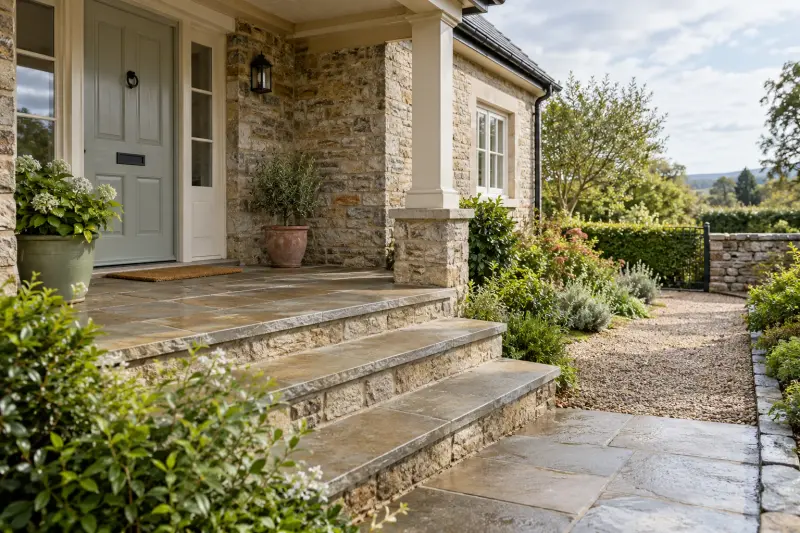 A sheltered stone-house porch and outdoor steps beside an exposed garden path