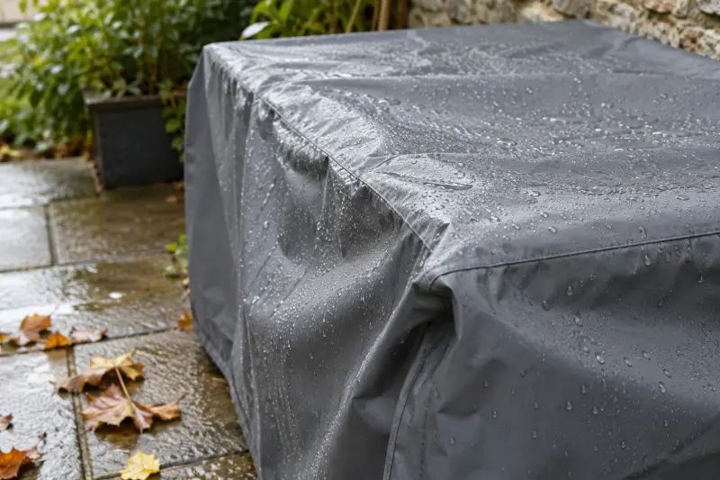 Rain droplets on a plain grey garden cover beside paving and fallen leaves