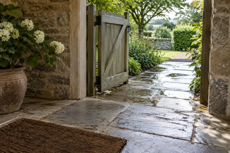 An open wooden garden gate viewed from a sheltered porch toward a rain-wet path
