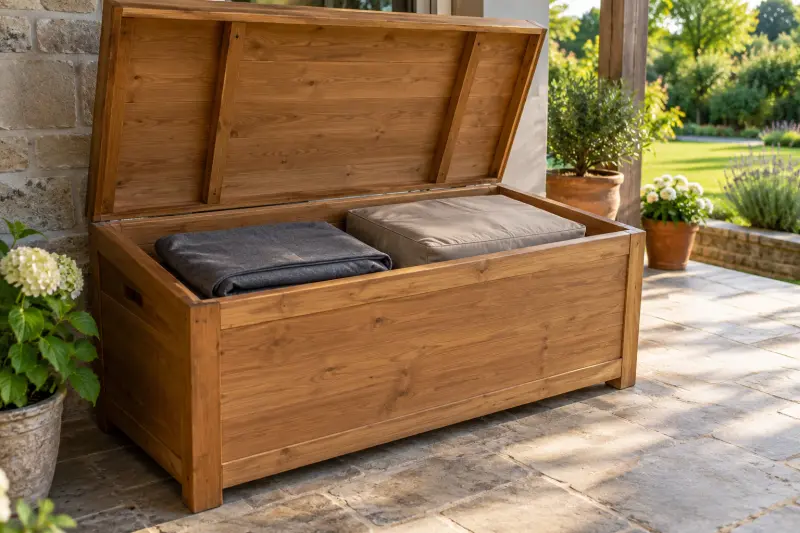 Folded grey fabric and a cushion in a wooden storage chest on a sheltered porch