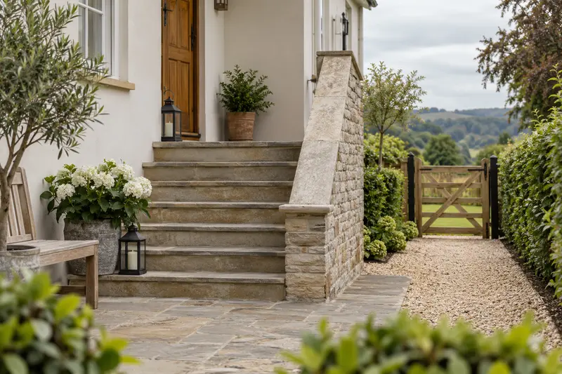 Exterior stone steps beside a garden path and a wooden gate in soft daylight.