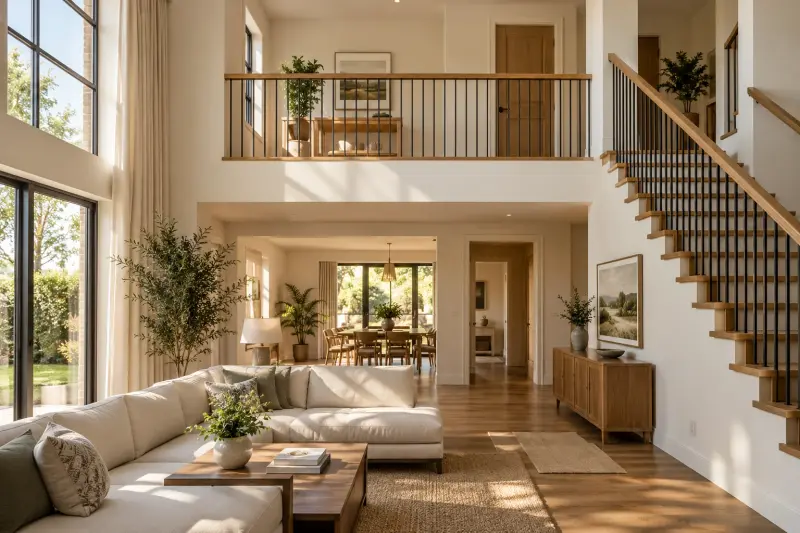 Illustrative two-level home interior with a living area and upper landing.
