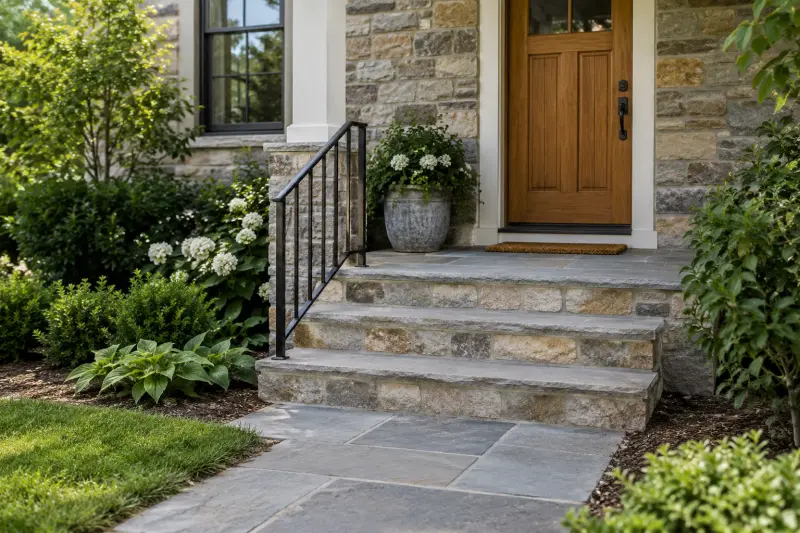 Illustrative raised home entrance above a garden path with stone steps.