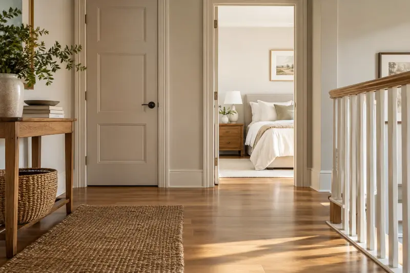 Illustrative upper hallway leading through a doorway to a bedroom.
