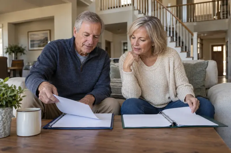 Illustrative household discussion comparing two plain folders in a living room.