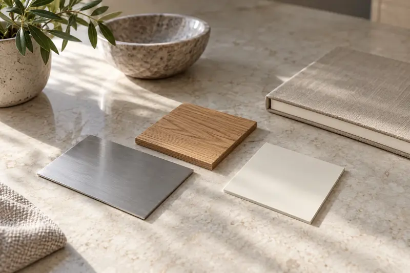Illustrative loose metal, wood and ivory finish samples beside a blank notebook.