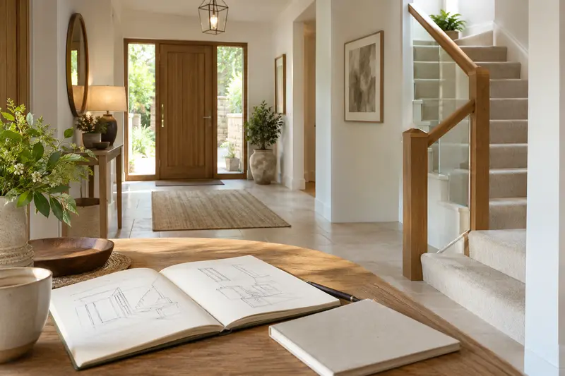 Open planning notebook near a domestic entrance and staircase.