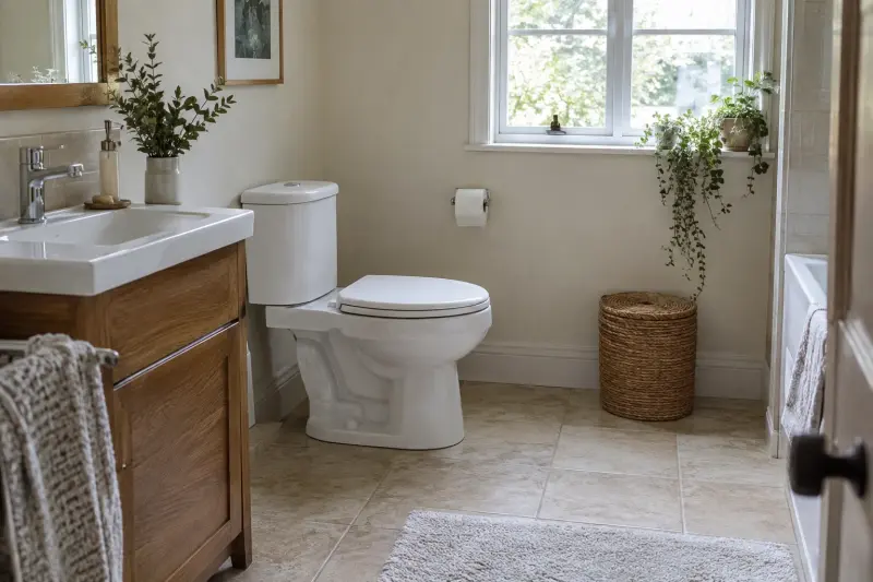 Illustrative photograph of an empty home bathroom with a closed standard toilet and washbasin.