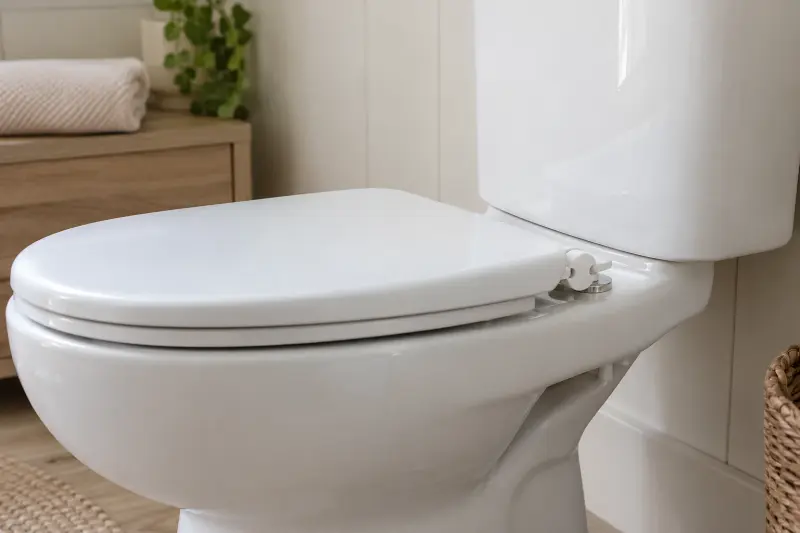 Illustrative close-up photograph of a closed standard toilet seat and its hinge area.
