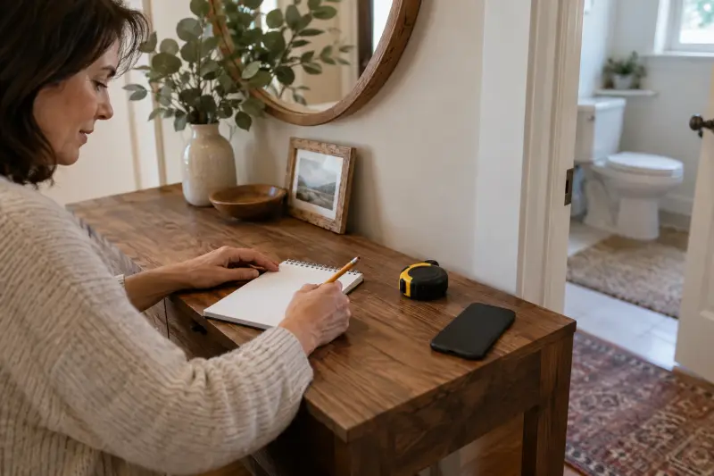 Illustrative photograph of a person preparing blank bathroom planning notes beside an unused tape measure.