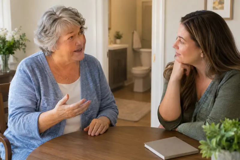 Illustrative photograph of two women discussing household needs outside a bathroom.
