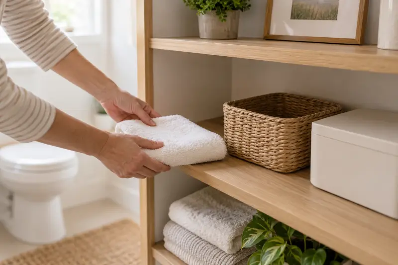 Illustrative photograph of a folded towel being placed on a bathroom shelf beside a basket.