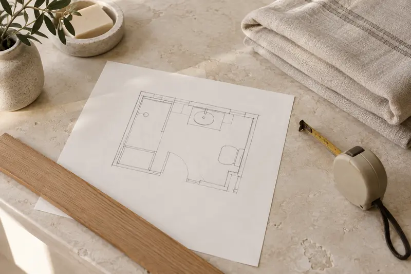 Illustrative bathroom layout sketch with a measuring tape, straightedge and folded linen.