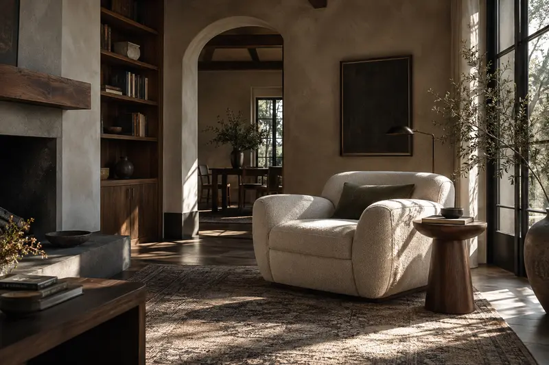 An illustrative sitting room with natural materials
