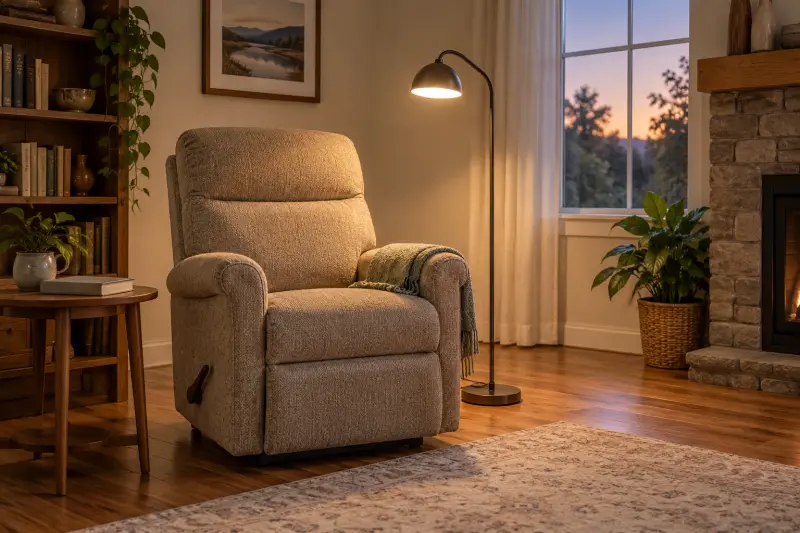 An upright upholstered recliner beside a generic floor lamp in a warm evening reading corner