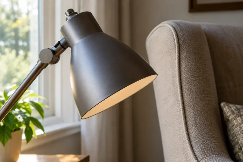 A close view of a matte reading-lamp shade and joint beside an upholstered chair