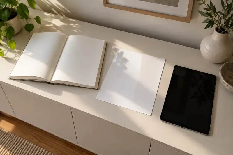 A blank open book, glossy sheet and switched-off tablet on a sideboard in window light
