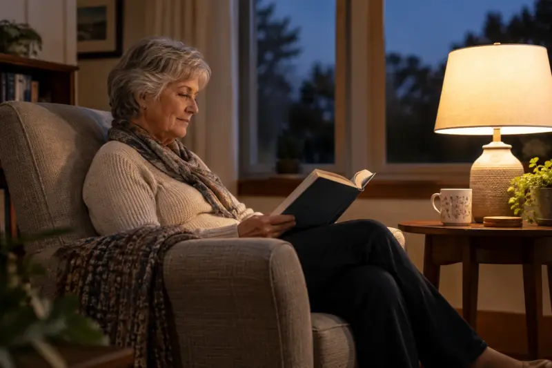 An older adult seated upright with an open book beside a warm table lamp
