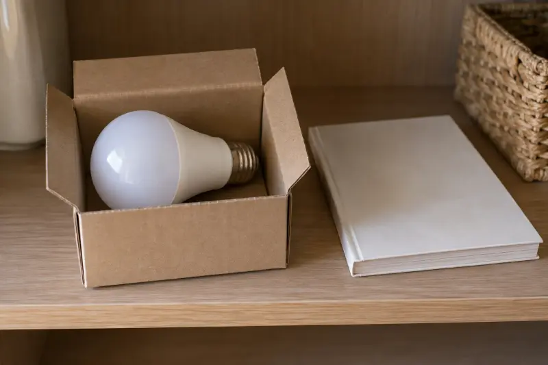 A loose generic light bulb in a plain box beside a closed booklet on a dry shelf
