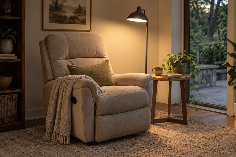Illustrative evening reading corner with an empty recliner, floor lamp and book.