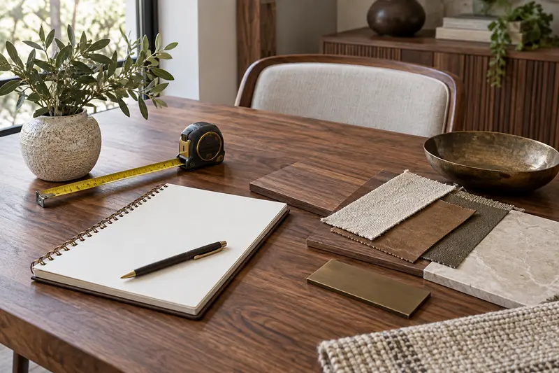 Tape measure, blank notebook and material samples on a tabletop.
