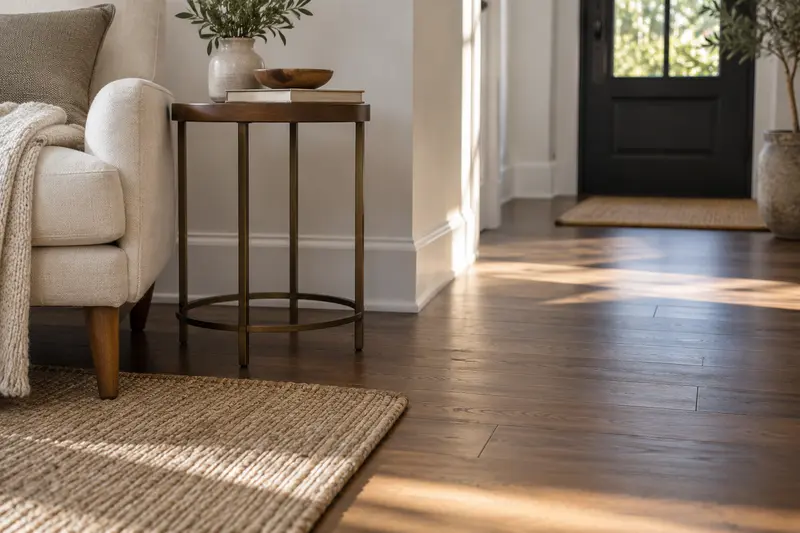 Side table base beside a chair, with open floor leading toward a doorway.