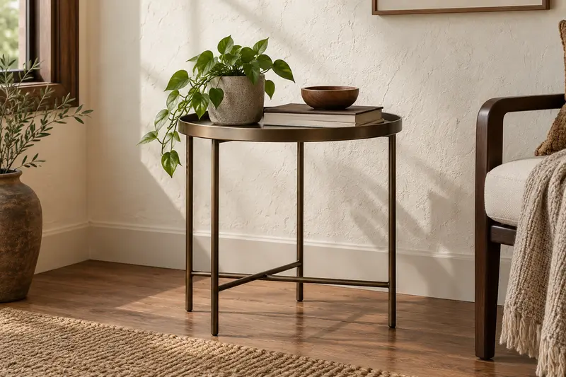 Round dark metal tray table against an ivory textured wall.