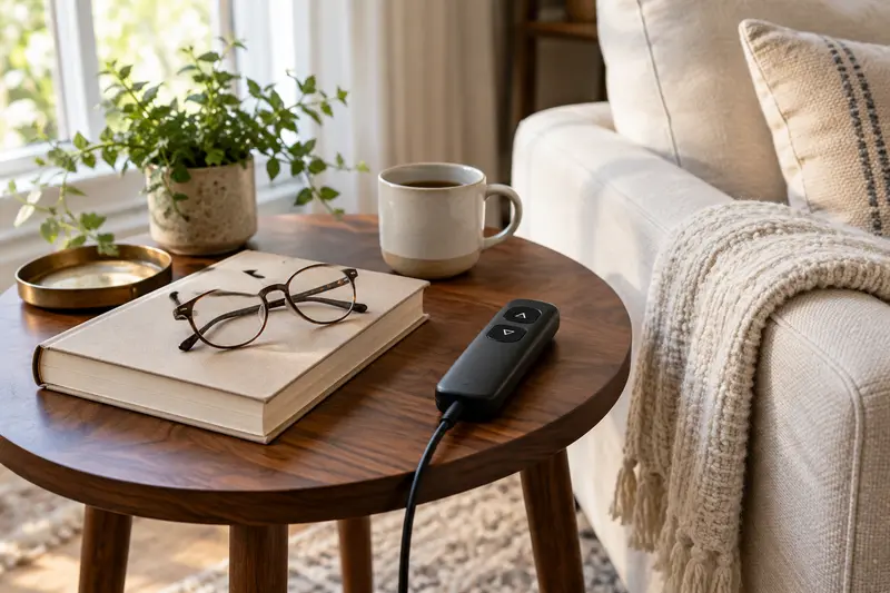 Book, glasses and an unbranded hand control on a walnut tabletop.
