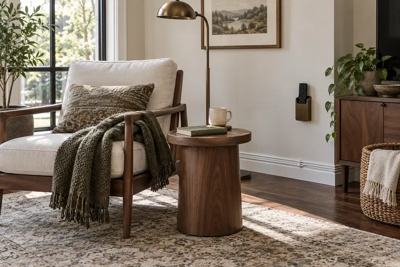 Reading corner with a book, glasses and a remote holder beside a recliner.