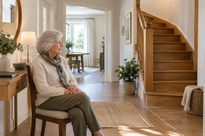 Illustrative photograph of a seated woman beside an ordinary turning staircase at home.