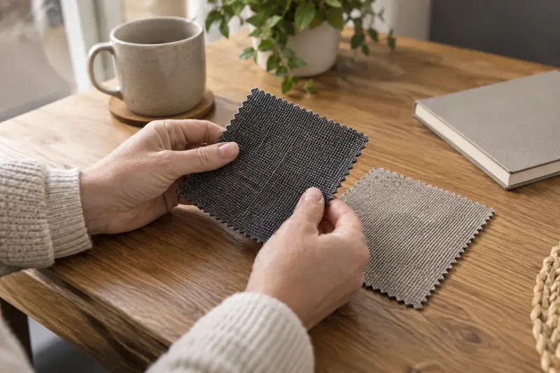Illustrative close-up photograph of hands comparing two plain upholstery fabric swatches.