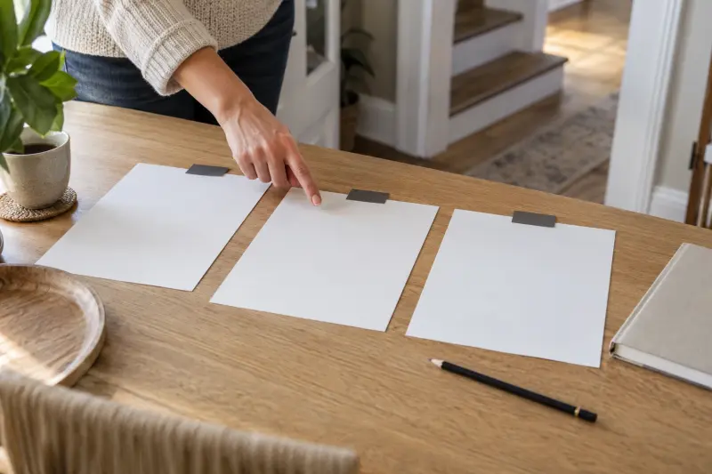 Illustrative photograph of three blank comparison sheets with tabs beside a pencil and plain booklet.