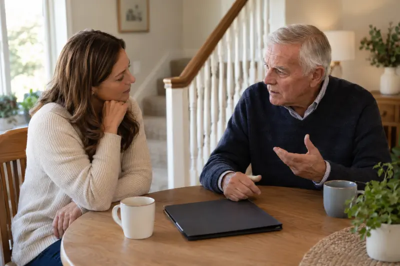 Illustrative photograph of two adults discussing a plain information folder beside a staircase.