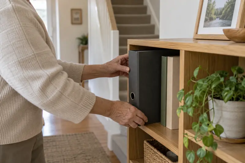 Illustrative photograph of a plain binder being stored on a hallway shelf beside a staircase.