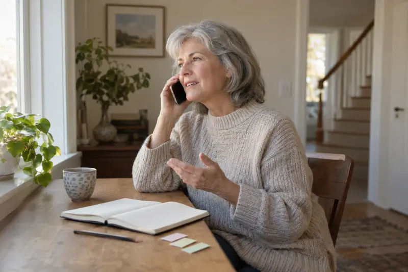 Illustratieve foto van een vrouw die telefonisch informatie vraagt naast een blanco notitieboek en papieren tabs.